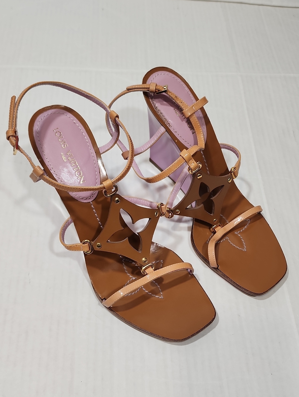 Louis Vuitton Capricieuse Fleur Monogram Cutout Wedge Sandal Tan Lilac. 39